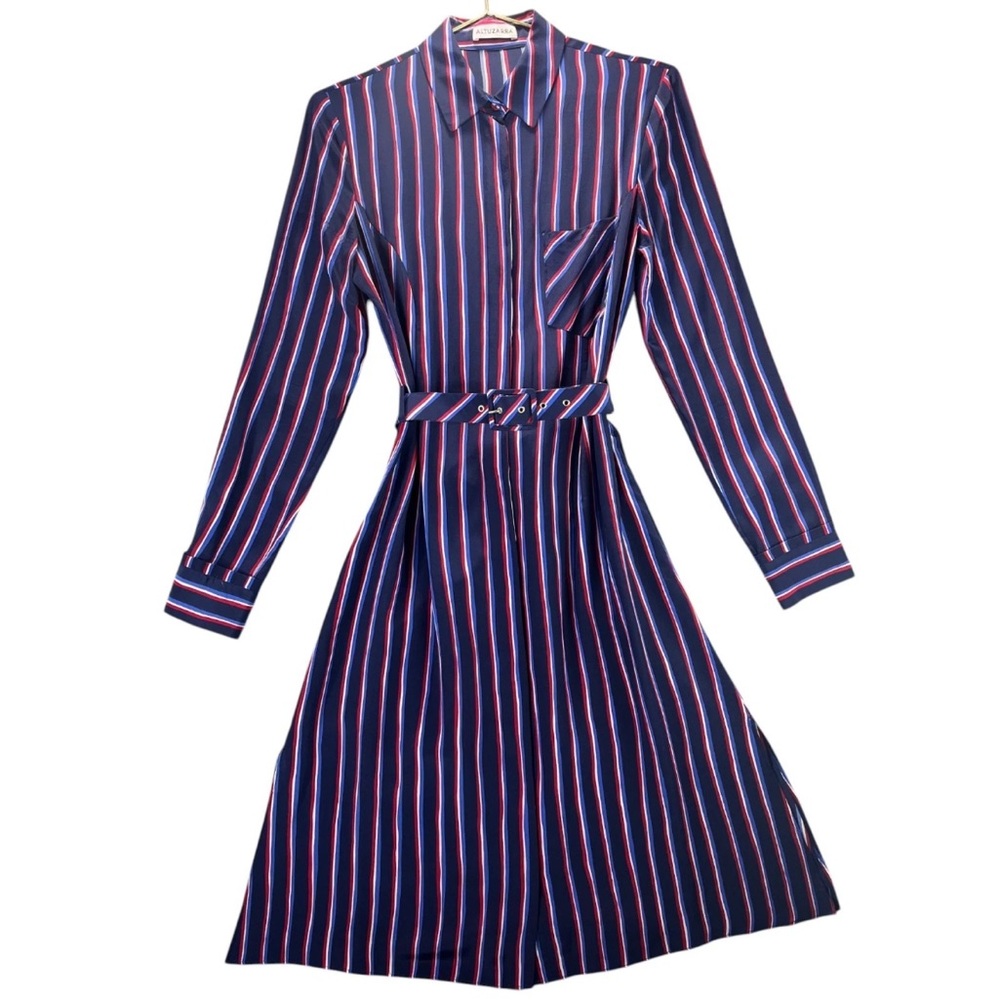 Altuzarra 100% Silk Navy, White, Red Striped Long-Sleeve Shirt Dress Italy